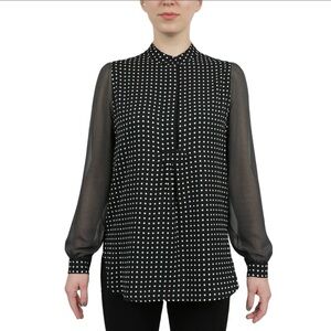 Anne Klein Black & White Mini Polka Dot Poet Long Sleeve Blouse